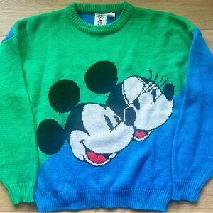 Vintage Disney Mickey Mouse Sweater XL Colorblock Green Blue Korea 100% Acrylic